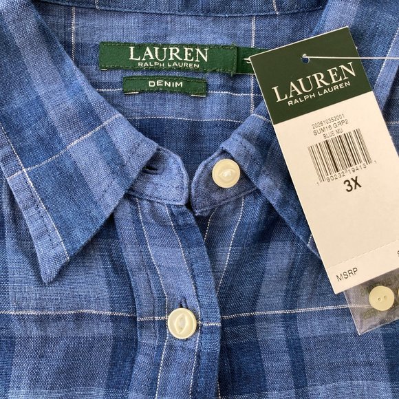 LAUREN Ralph Lauren Multi Blue Plaid100% Linen Button-Up Shirt Sz 3X NWT, New, - Picture 6 of 6